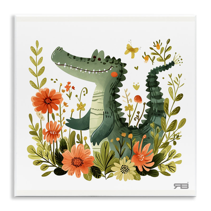 «Floral Happy Alligator», art mural sur bois par Roozbeh Bahramali