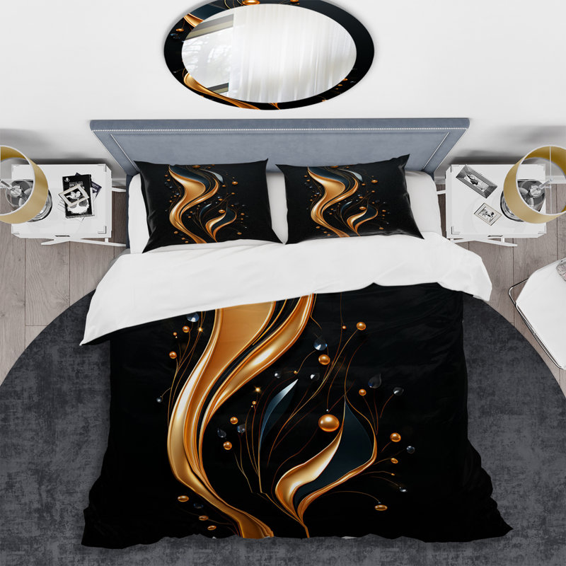 Ensemble de housse de couette abstrait noir et doré doré minimaliste II, Housse de couette pour grand lit et 2 taies décor