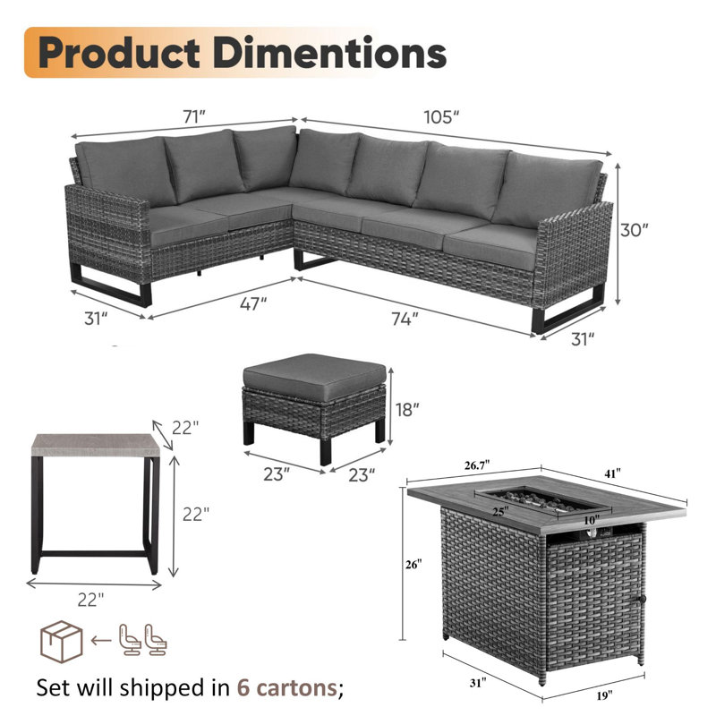 5 - Piece Outdoor Sectional Seating Group With Fire Pit With Cushions, Gray, Blue
