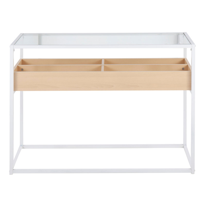 Console contemporaine en métal blanc, bois naturel et verre transparent