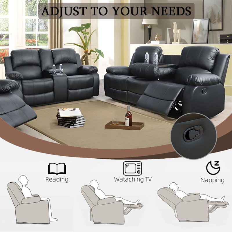 2-Piece Manual Reclining Living Room Sofa Set, Black