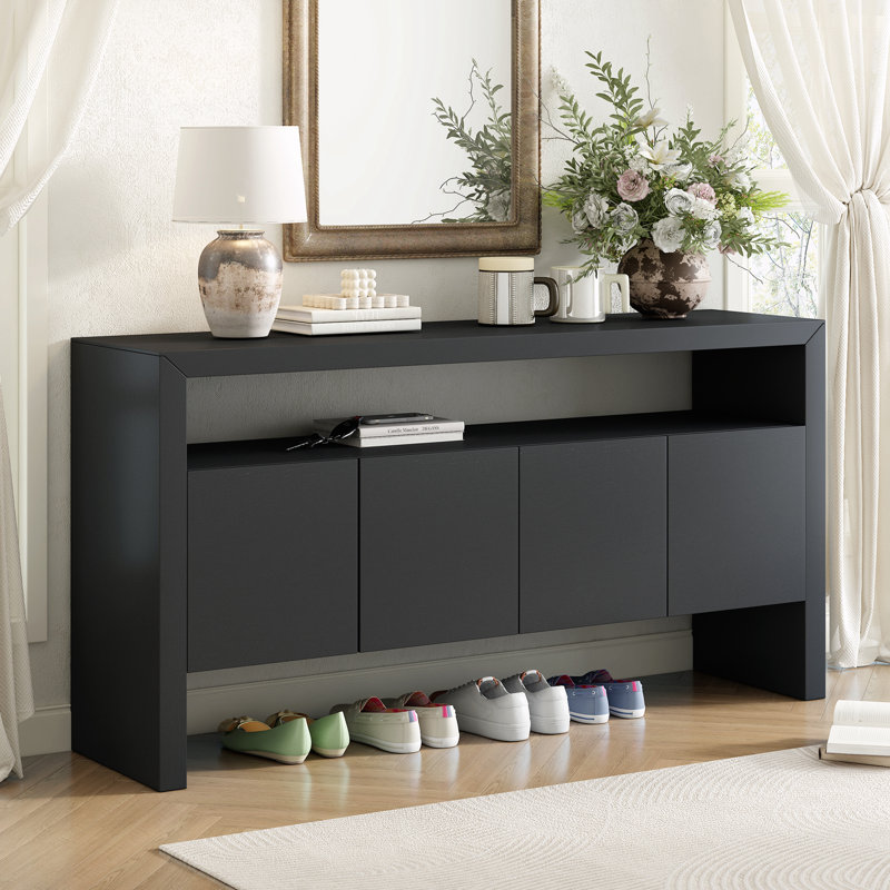 Armoire de rangement rétro à 4 portes avec tablette ouverte, Noir