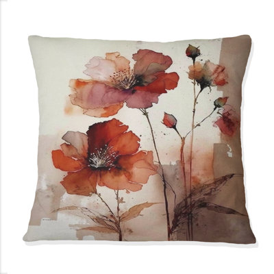 Red Poppy Flowers Delicate Retro Watercolor - Flowers Printed Throw Pillow