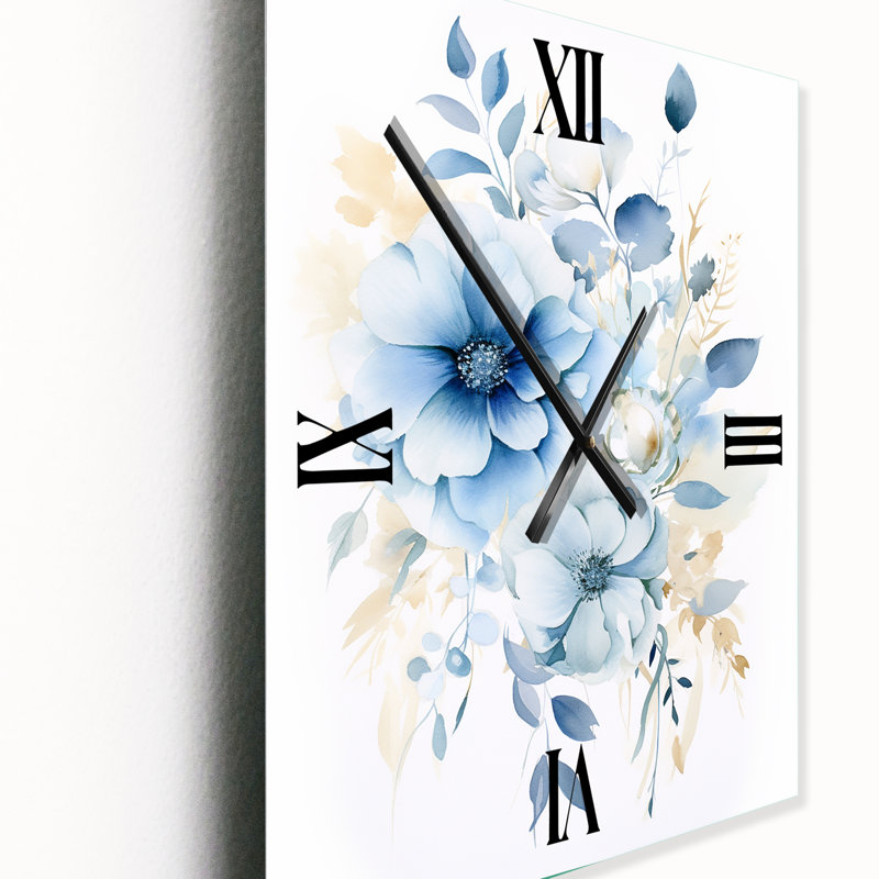 Horloge murale délicate sur fond de feuilles de ginko bleu sur aquarelle III, Très grand