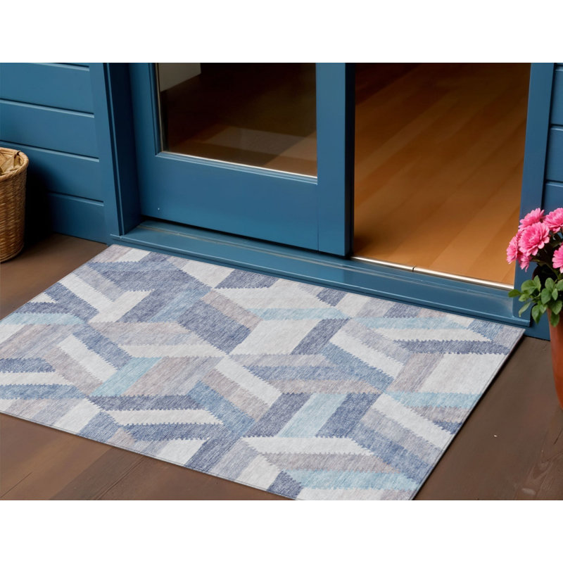 Tapis intérieur lavable à motif géométrique bleu denim 3 pi x 5 pi