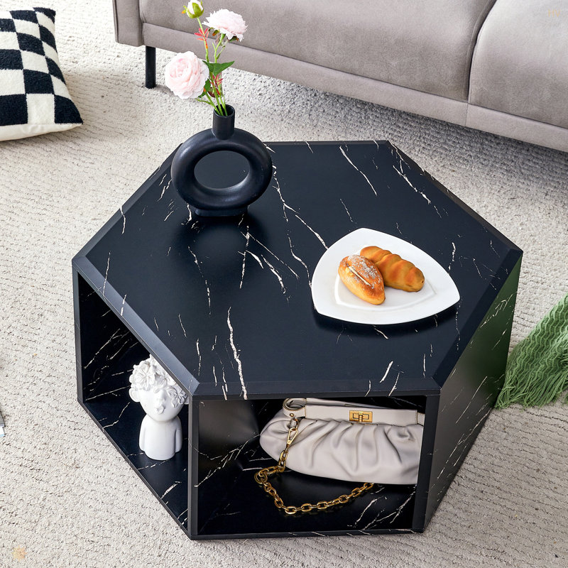 Table basse hexagonale en panneau de fibres à densité moyenne, autocollants à motifs caractéristiques, Noir