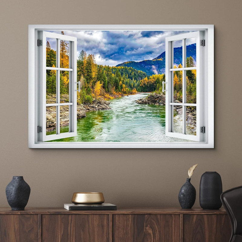 Fenêtre de paysage «Window View Autumn Forest River Stream Mountains Nature Scenic Landscape» sur toile, H 12 po x l 18 po