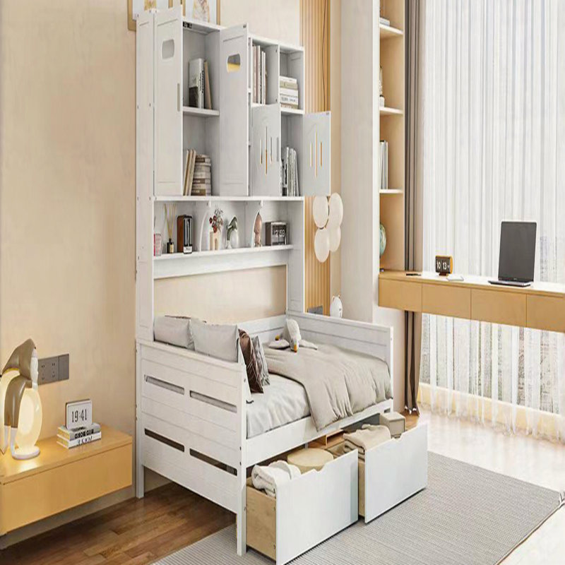Lit de jour en bois avec 2 tiroirs, armoire et tablette tout-en-un, Simple, Blanc