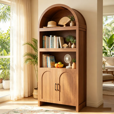 71" Tall Arched Cabinet,5-Tier Arched Bookcase with Doors,3 Open Display Shelves and Adjustable Shelf, Mid Century Storage Display Cabinet Kitchen Pantry Display Shelves for Office Dining Living Room.