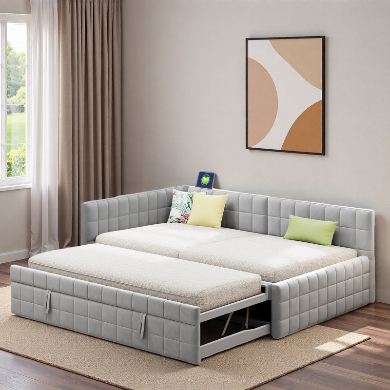 Upholstered L-shaped Daybed With Pop Up Trundle, Usb Ports And Square-block Pattern, Gray