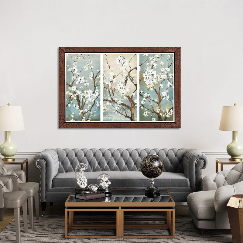 Triptych In Bloom by Asia Jensen - Floater Frame Painting on Canvas, 101.6 cm H x 66.04 cm W, Brown Floater Framed