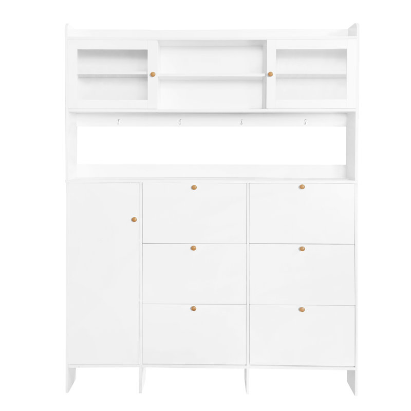 Multifunctional Tipping Bucket Shoe Cabinet With Storage Shelf & 6 Flip Drawers, Large Hall Tree With Tempered Glass Doors, Foyer Cabinet With 4 Hooks For Hallway