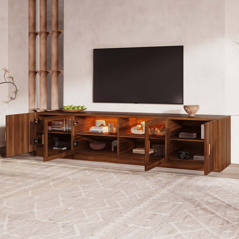 Meuble télé rétro avec lumières DEL, portes en verre et tablettes de rangement réglables