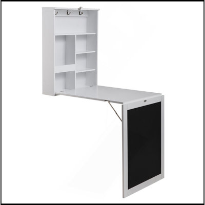 Table flottante murale, bureau pliable avec tablettes de rangement et tableau noir - noir et blanc