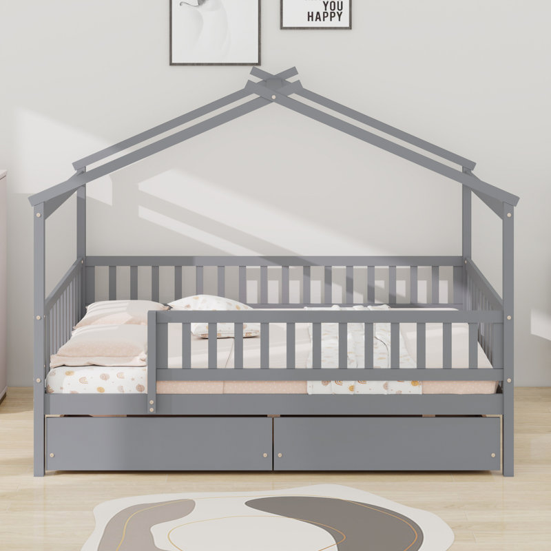 Lit en bois avec deux tiroirs, Gris