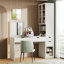 Meuble-lavabo polyvalent avec miroir et station de charge, coiffeuse avec 8 compartiments de rangement cachés, bureau d'ordinateur à 3 tiroirs, 2 armoires et tablettes ouvertes, bureau personnel, blanc