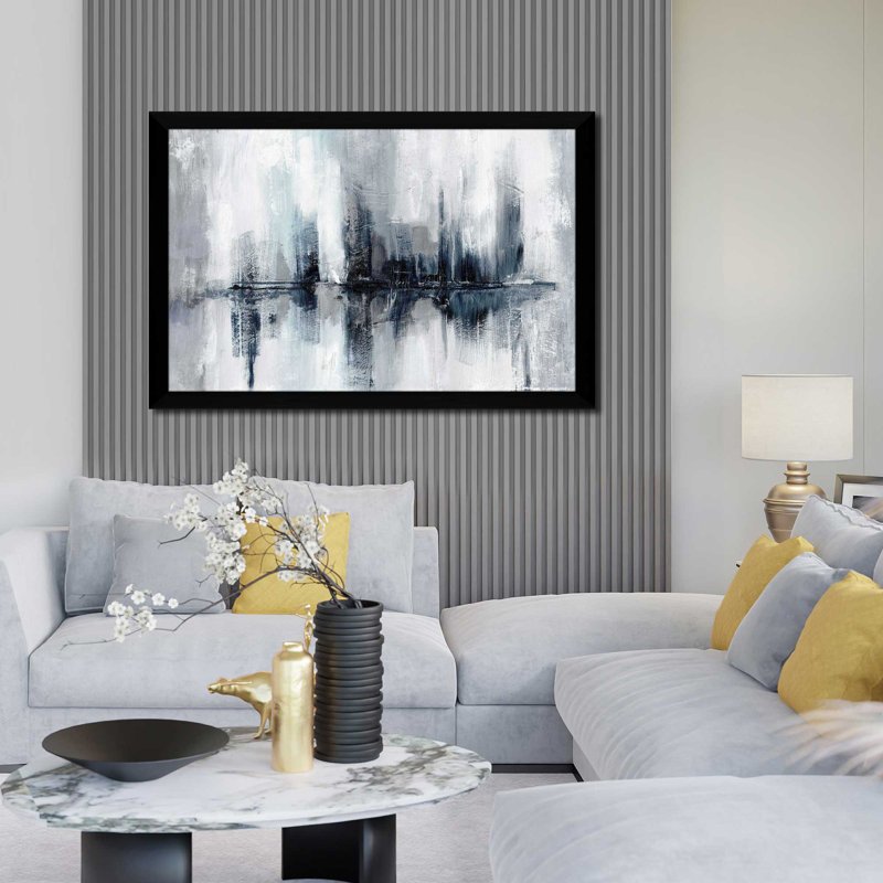 Indigo Harbor Lights par Nan - Peinture, L 27,5 po x H 21,5 po, Cadre noir