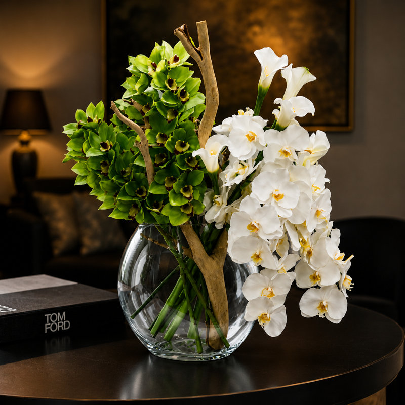 Moon Glass Vase with Green Cymbidiums, White Orchids, Driftwood and Callas