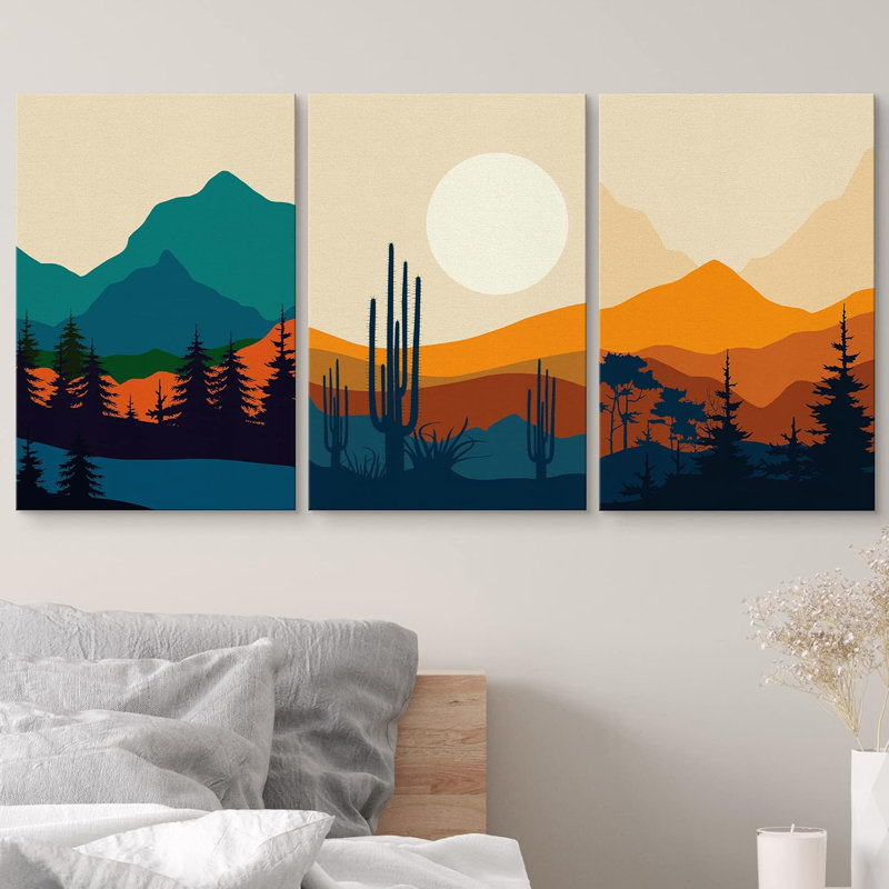Paysage néon, désert et forêt, paysage, nature, paysage numérique, art moderne, Toile tendue, H 24 po x l 48 po