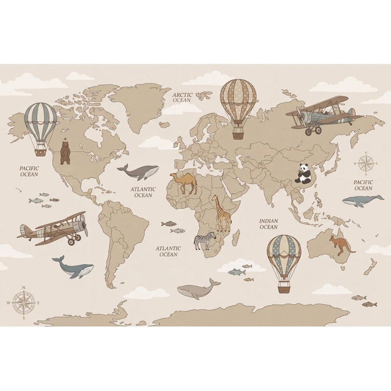 Papier peint carte du monde sur fond blanc, 100 po x 96 po, Peler et coller
