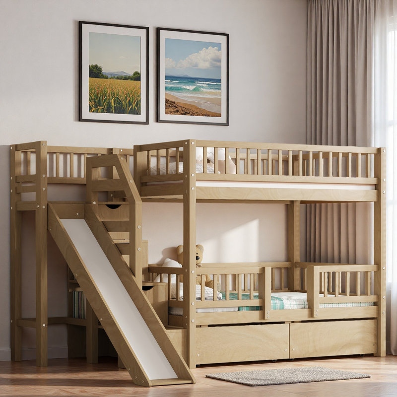 Bunk Bed With Storage Staircase, Slide And 2 Drawers, Walnut