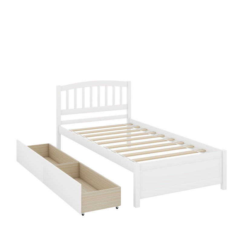 Lit plateforme simple avec 2 tiroirs et tête de lit, Blanc