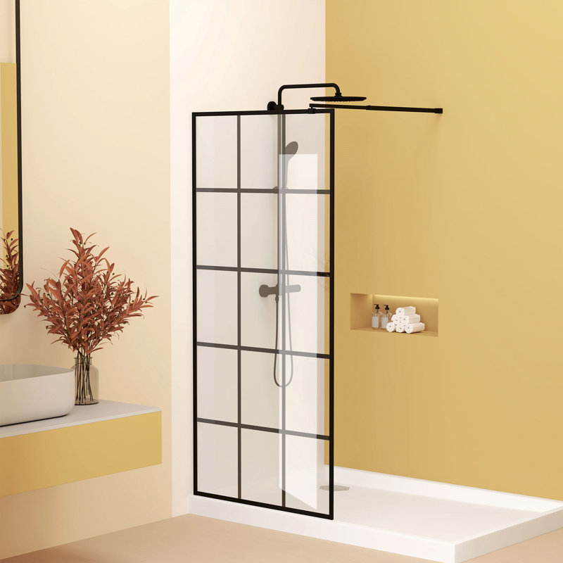 Framed Glass Shower Screen 34" Width X 72"Height With 1/4" 6Mm Silk-Printing Tempered Glass, Matte Black Aluminum And Support Bar, Shower Door