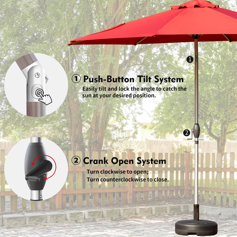 Parasol d'extérieur 10 pi, rouge brique, protégé et imperméable, 8 nervures avec manivelle à bouton-poussoir inclinable pour patio, jardin, terrasse, bord de piscine