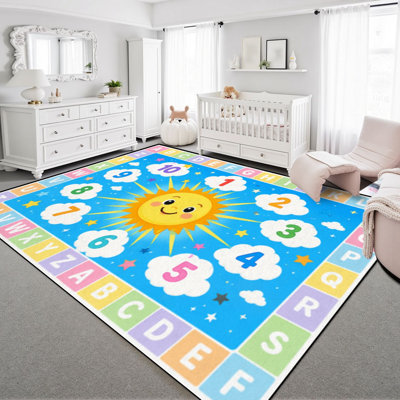 Tapis lavable 240 x 300 cm, motif alphabet coloré, poils courts, envers antidérapant en TPE, design éducatif soleil, nuages ​​et chiffres, doux et confortable pour salon, chambre, salle à manger et bureau.
