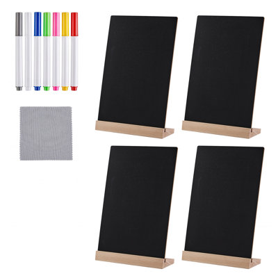 Ensemble de 4 mini panneaux de table avec support en bois de hêtre, panneaux d'affichage effaçables noirs de 11,69 x 8,26 pouces, ensemble complet avec 6 marqueurs à craie liquide et chiffon de nettoyage pour la fête de mariage au buffet de café