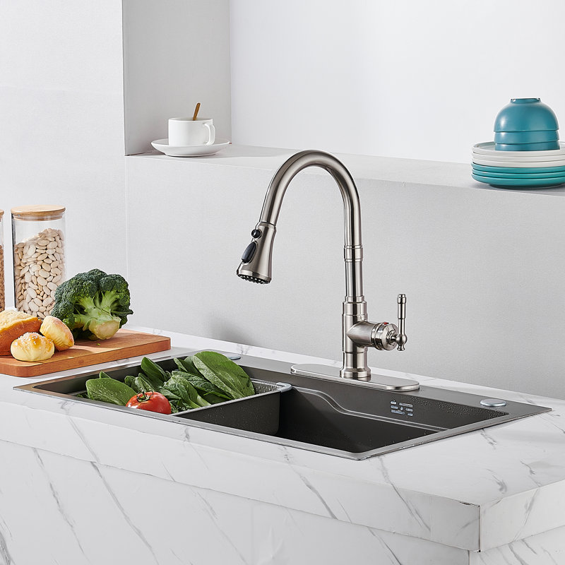 Robinet de cuisine rétractable à poignée simple avec plaque de pont, Nickel brossé