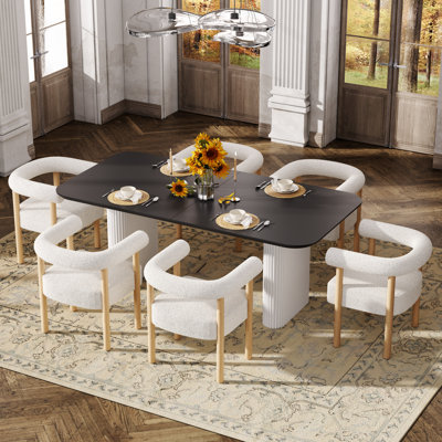 Modern 71in Oval Dining Table & 4/6 White Teddy Fleece Chairs Set for 4-6  Kitchen/Dining Room