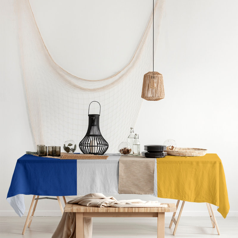 Mélange de coton rayé Nappe, Bleu / Blanc / Doré