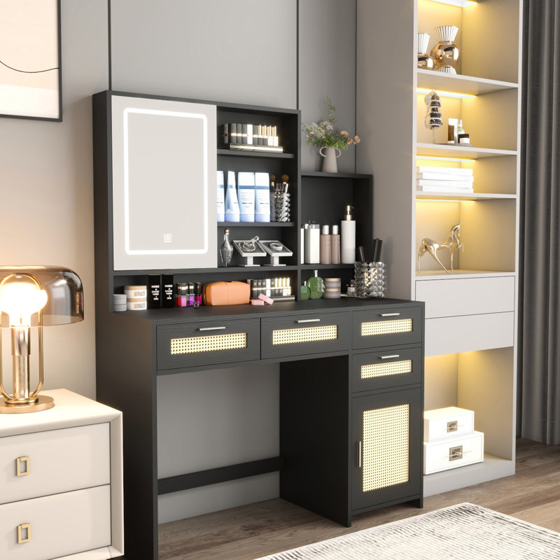 Vanity Desk With 3 Color Lights & Open Mirror, 4 Drawers 1 Cabinet Storage, Bedroom Makeup Table, Black Construction Colors Lighted Table Openable Drawers, And Shelves, Vanity,