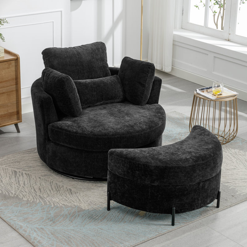 Kenmari 42.3" W Slipcovered Swivel Barrel Chair and Ottoman, Black Chenille