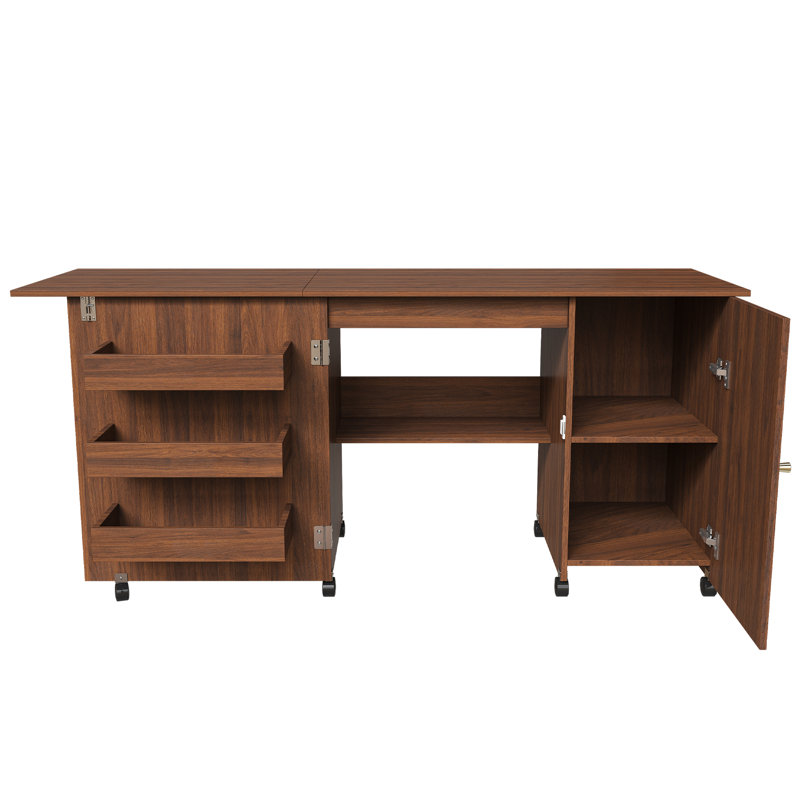 Table de couture pliante moderne de 57,5 po, grande station de travail avec armoire de rangement et tablettes, armoire de couture robuste pour bureau à domicile, noyer