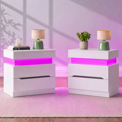 Set of 2 Nightstand with RGB Light, Bedside Table with 2 Drawer for Bedroom, Living Room, White