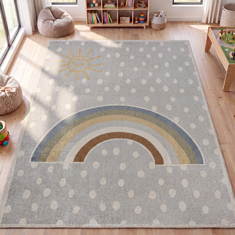 Tapis moderne gris / ivoire / jaune lavable à la machine Bluette Rainbow Dot, Rectangle 3 pi 3 po x 4 pi 11 po