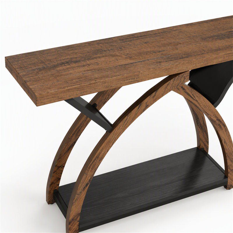 Console à deux niveaux, table d'entrée de 180 cm avec cadre en demi-lune, Brun