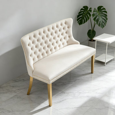Banc en velours pour causeuse double pour la salle à manger, sièges de cuisine et de salle à manger, banc capitonné à 2 places avec boutons faits à la main, dossier à oreilles, pieds en acier plaqué or, ensemble Mid-Century moderne, beige, SW1602BG