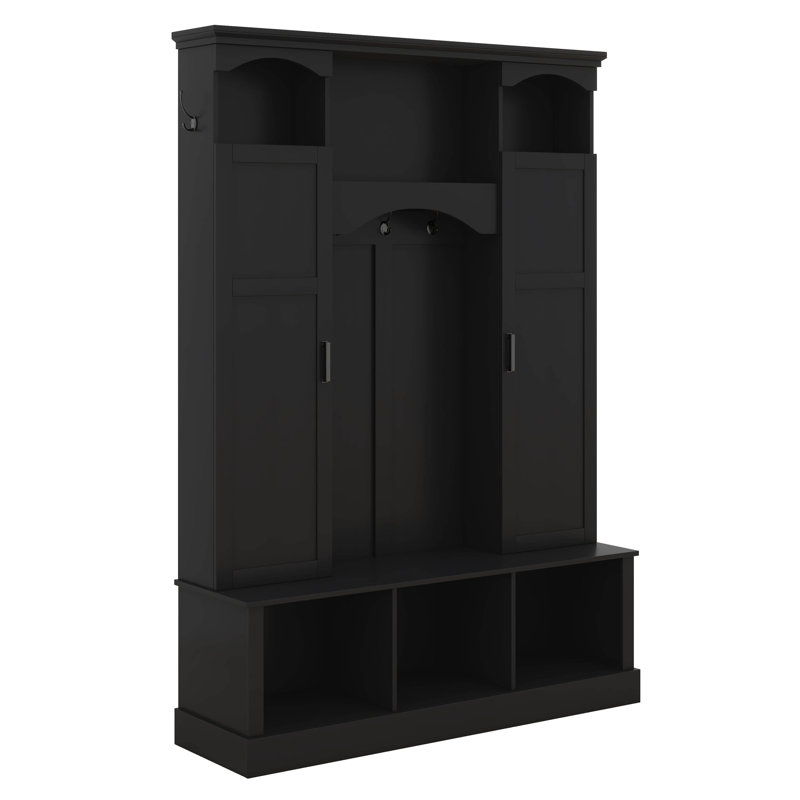 All-In-One Hall Tree With Adjustable Shelves, Arched Storage Bench With Dual Side Cabinets, Entryway Organizer With 7 Hooks