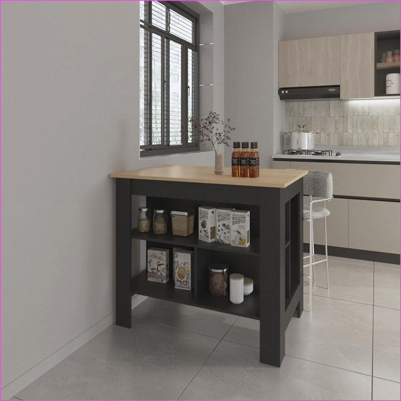 Îlot de cuisine avec rangement | Noir et noir Pin clair | H 35,4 po x l 40,5 po x P 27,5 po | Bois d'ingénierie | Multicolore