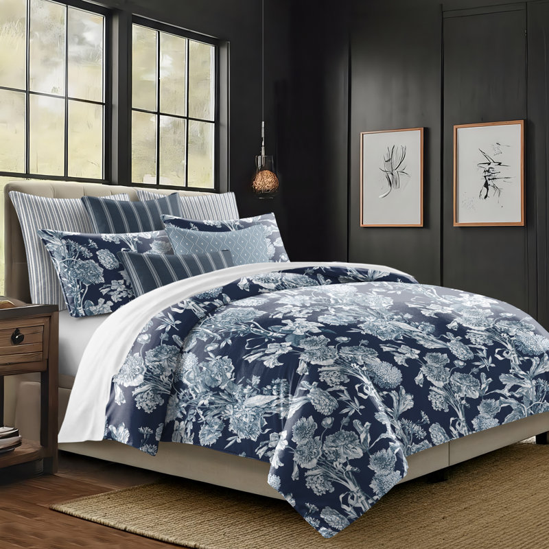 Alexandria Indigo Cotton Duvet Cover Set, Queen Duvet Cover + 7 Additional Pieces