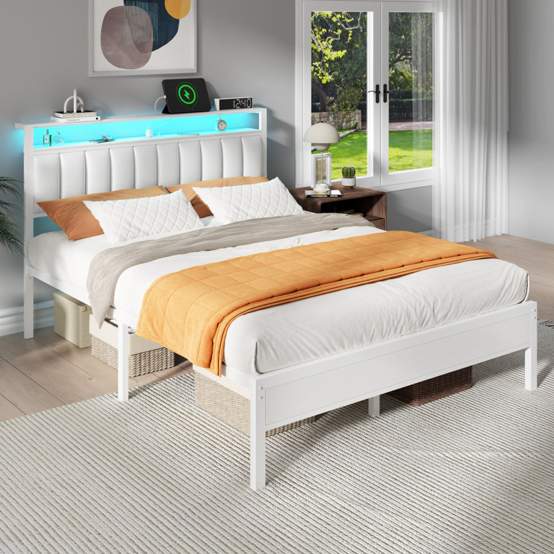 Bed Frame with Charging Station, LED Lights, Upholstered Headboard, 2-Tier Storage Shelve, Queen, White