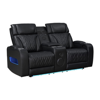 Jasi Power Reclining Loveseat With Cupholders, LED, Black Leather Aire