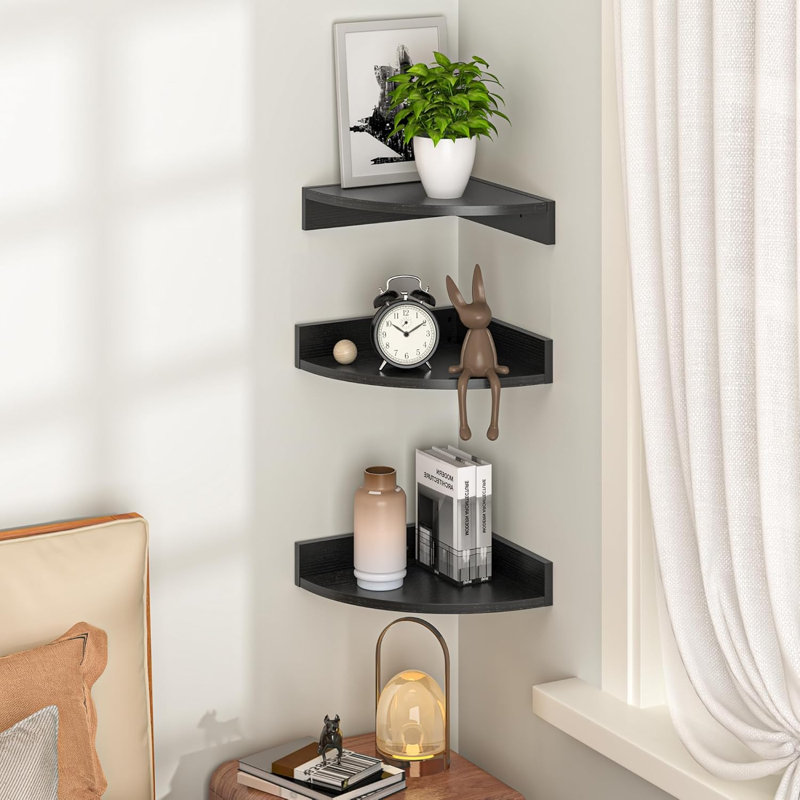 Floating Corner Shelves Wall Mount, Wood Corner Wall Shelf Set For Bedroom Bathroom Kitchen Living Room Office, Rustic Decor With Cable Hole, Sturdy Particle Board Construction, Easy Installation