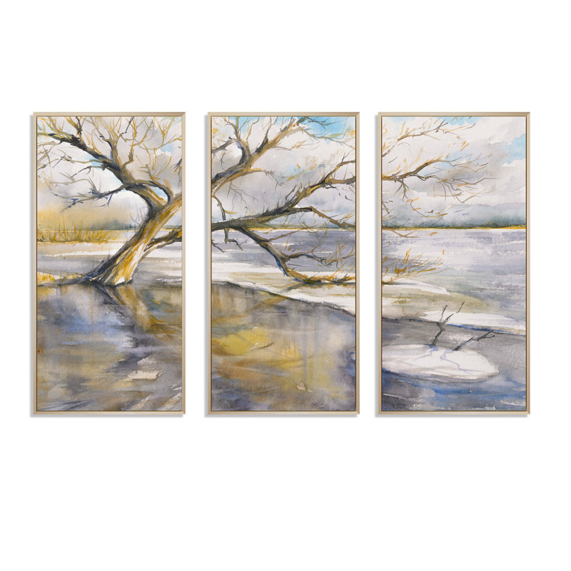 Arbre près de la rivière - Lake House, ensemble de 3 toiles encadrées, Brun, L 48 po x H 32 po x P 1 po