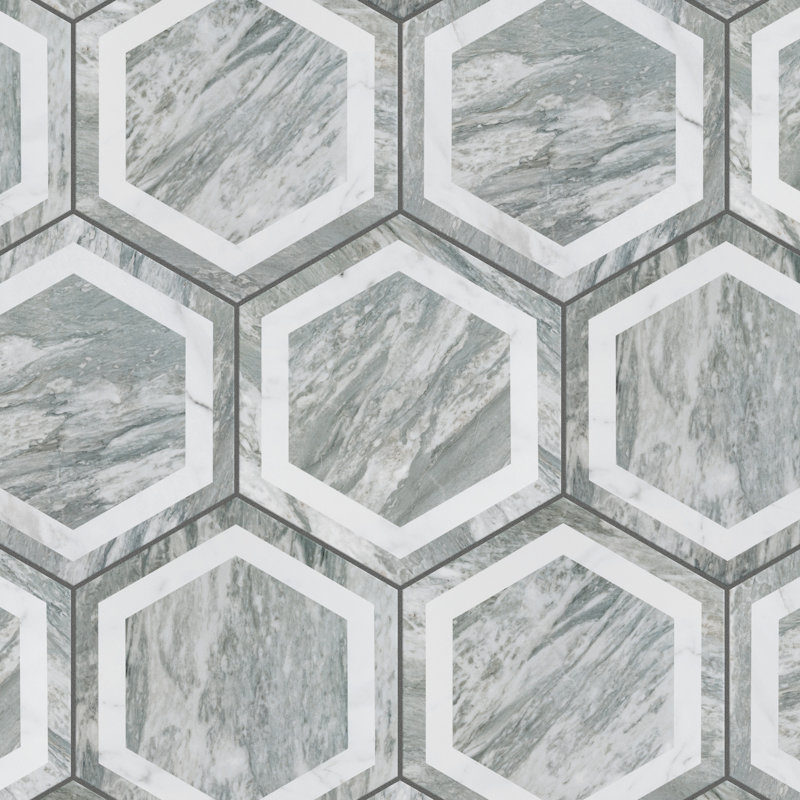 Carreau de porcelaine 11 po x 13 po Marbilia Hex w / Biotech, Gris / blanc