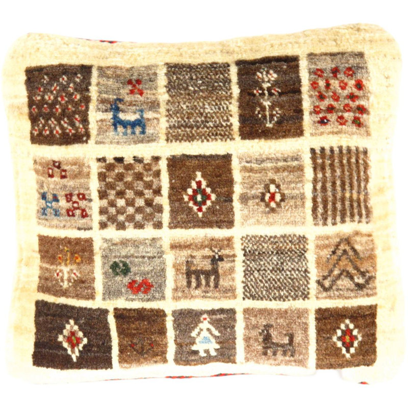 Fine Hand Knotted Persian Gabbeh Pillow 16"X16", 16"H x 16"W, Beige/Brown