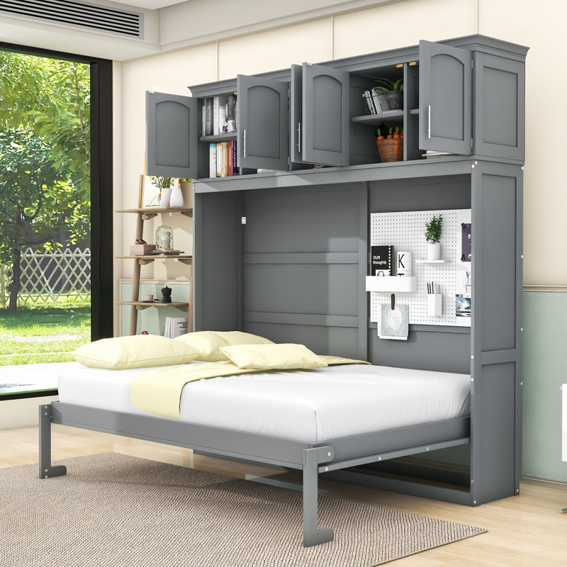 Murphy Bed with Space-Saving Comfort Shelves, Gray, Full / Double